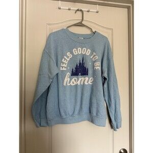 Disney Feels Good To Be Home Light Blue Pullover Sweatshirt Women L Fleece